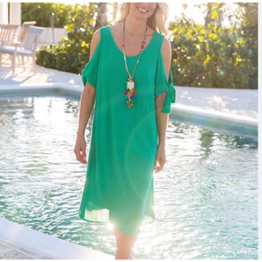 SOFT SURROUNDINGS WOMAN SIZE L GREEN CRINKLED A LINE MIDI DRESS COLD SHOULDER - Picture 14 of 15